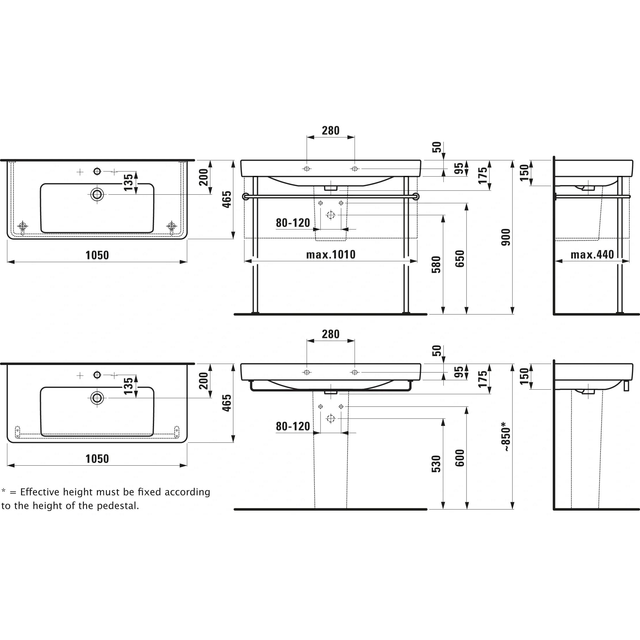 Technische Maßzeichnung eines wandmontierten Waschbeckens, dargestellt in Vorder- und Seitenansicht mit Abmessungen für die Breite von 1050 mm, Beckentiefe und Installationshöhen.