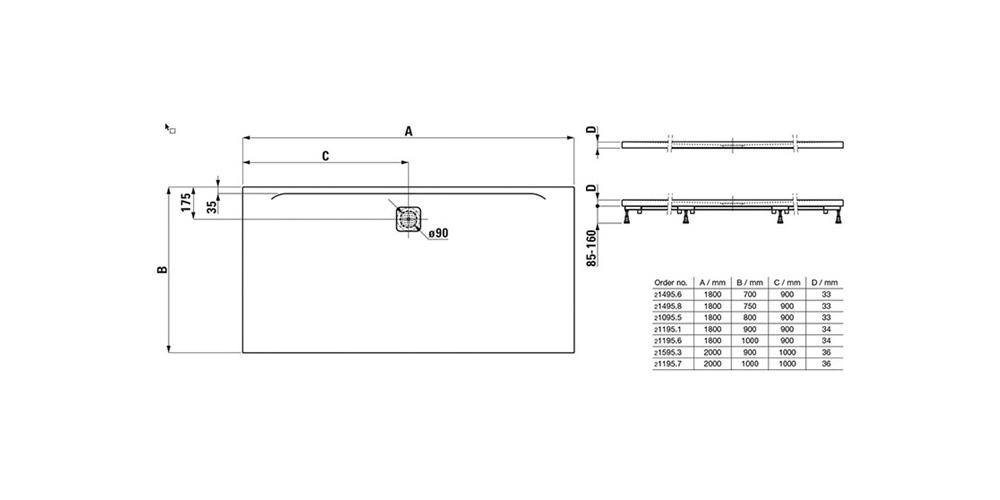 LAUFEN Duschwanne PRO re-e Ab seitl lange S 1800x800x33mm an