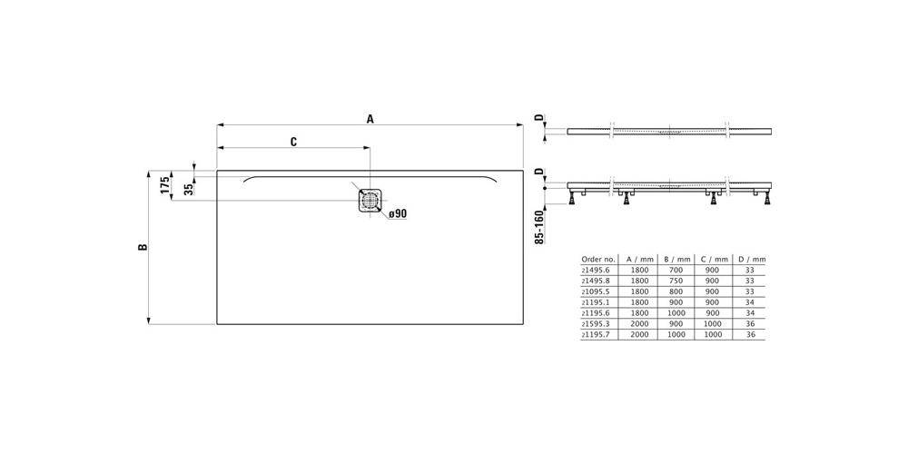 LAUFEN Duschwanne PRO re-e Ab seitl lange S 1800x800x33mm an