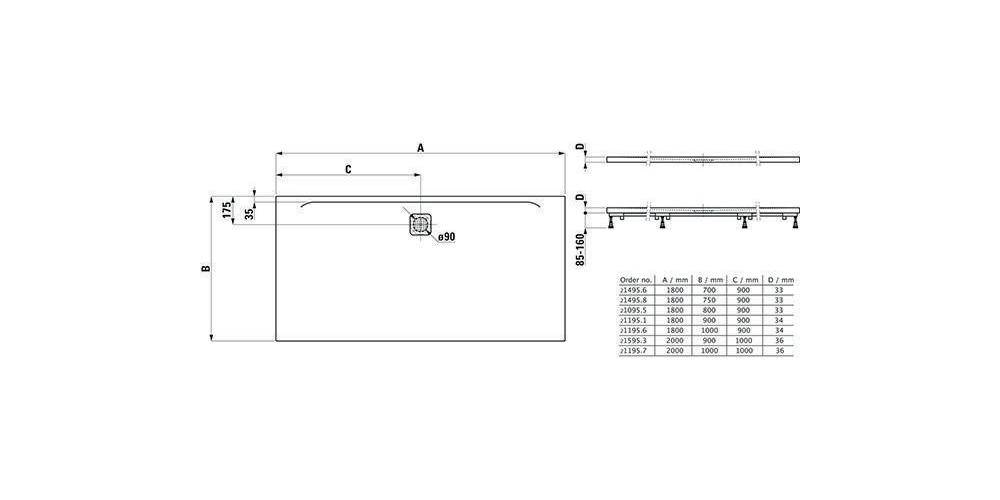 LAUFEN Duschwanne PRO re-e Ab seitl lange S 1800x800x33mm an