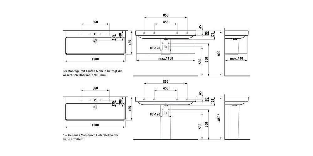 LAUFEN Waschtisch PRO S 1200x460mm m ÜL j 1 HL re und links weiß