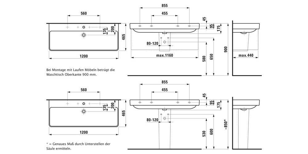 LAUFEN Waschtisch PRO S 1200x460mm m ÜL j 1 HL re und links weiß