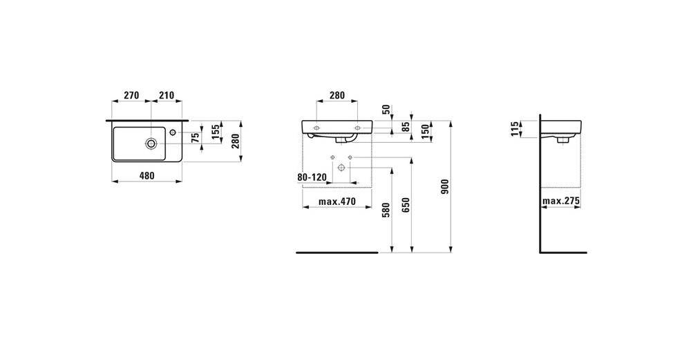 LAUFEN Handwaschbecken PRO S 480x280mm asym re m ÜL 1 Hahnloch weiß