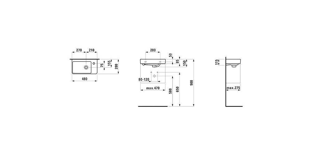 LAUFEN Handwaschbecken PRO S 480x280mm asym re m ÜL 1 Hahnloch weiß