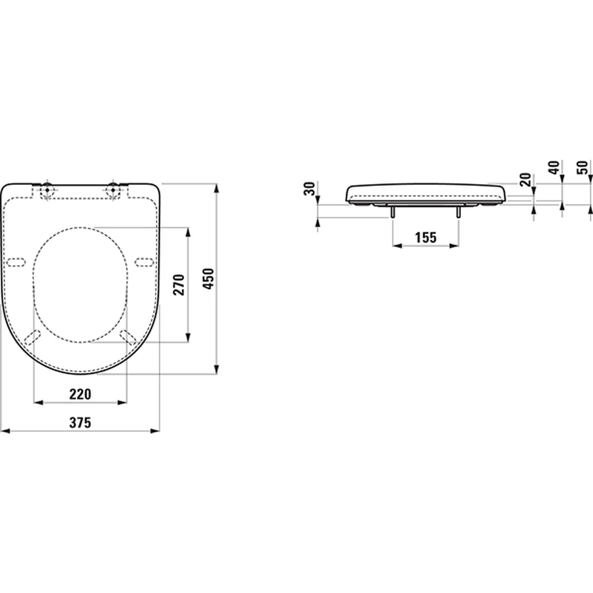 Technische Zeichnung eines Toilettensitzes mit Drauf- und Seitenansicht mit Abmessungen: 375 x 450 mm Gesamtgröße, 220 mm Breite, 270 mm Öffnung, 155 mm Befestigungsspannweite und 30 mm Höhe.