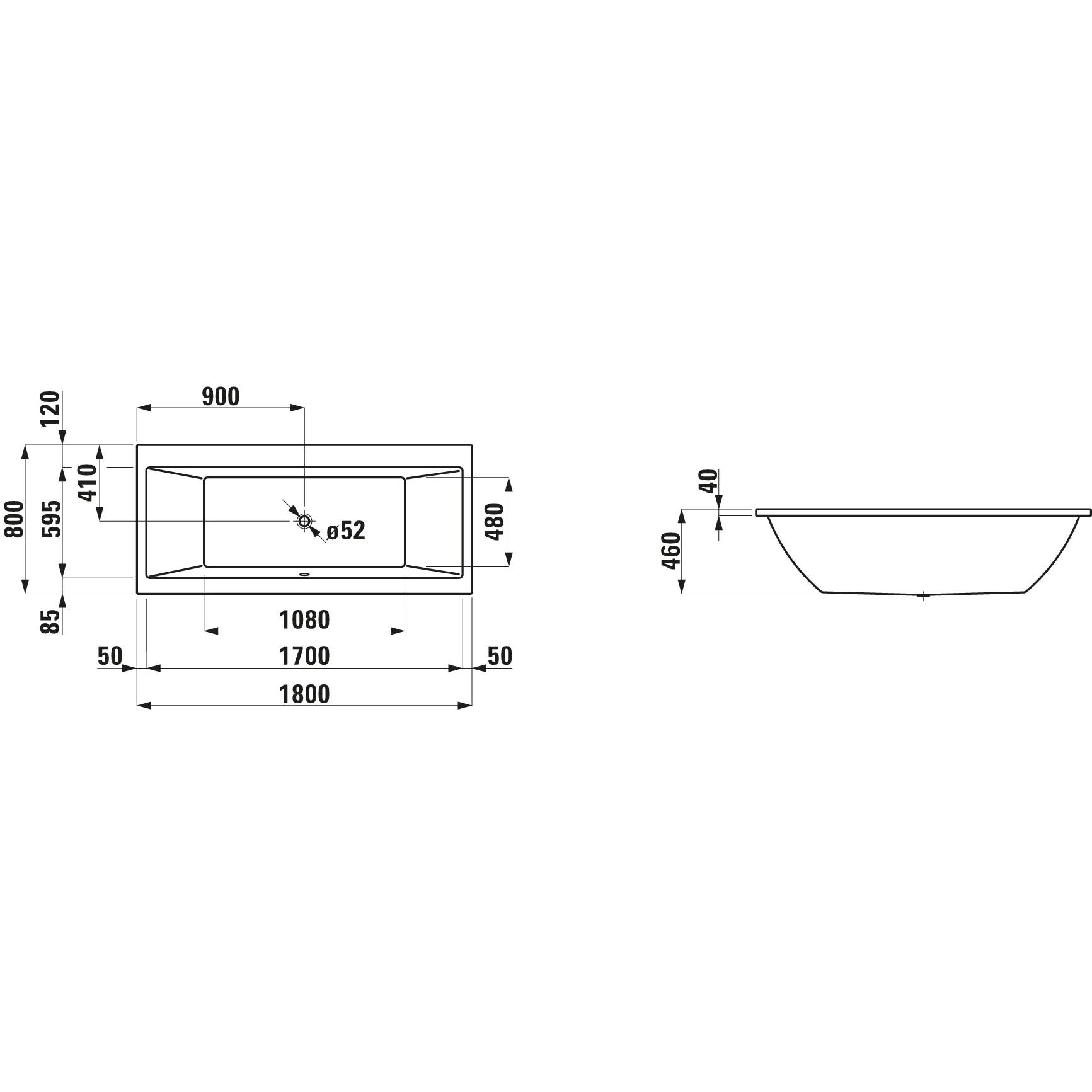 Technische Zeichnung einer rechteckigen Badewanne mit Draufsicht und Seitenansicht, mit den Abmessungen: 1800 mm Länge, 800 mm Breite, 480 mm Tiefe und 52 mm Ablauföffnung.