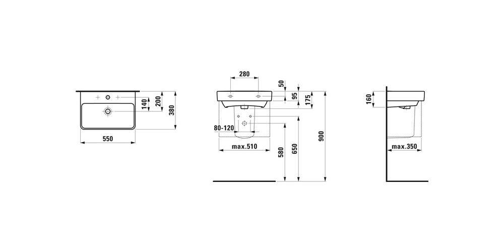 LAUFEN Waschtisch PRO S COMPACT 550x380mm mit Überlauf, 1 Hahnloch
