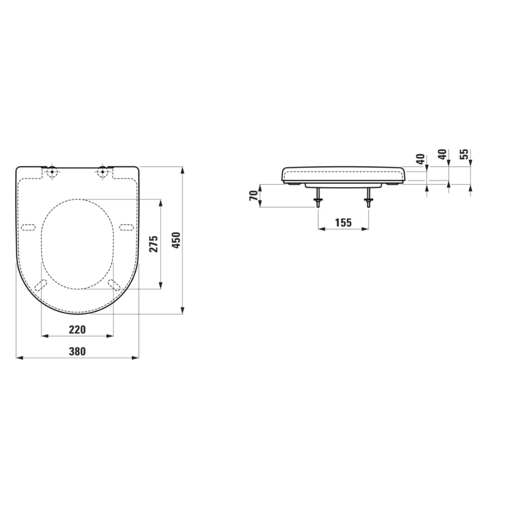 Technische Zeichnung eines Toilettensitzes mit Draufsicht und Seitenansicht mit Befestigungslöchern und Abmessungen: 380 x 450 mm Gesamtabmessung, 220 mm Breite, 275 mm innere Länge, 155 mm Bolzenabstand, 40-55 mm Höhe.