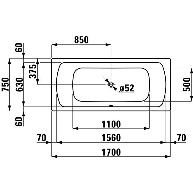 Maßstabgerechte technische Zeichnung einer rechteckigen Badewanne, Draufsicht mit zentralem Ablauchloch 'Ø52' und Gesamtgröße 1700 x 750 mm.