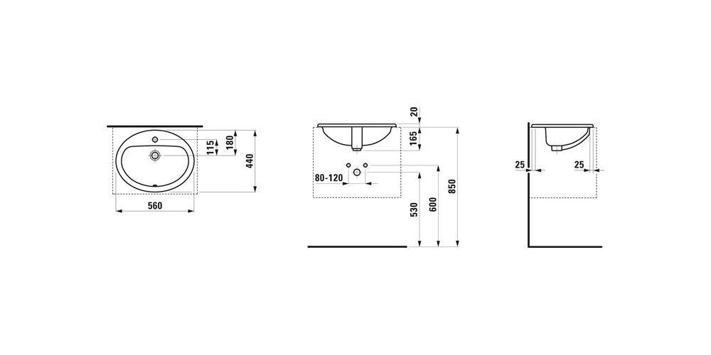 LAUFEN Einbauwaschtisch PRO B 560x440mm mit Überlauf und Hahnloch weiß