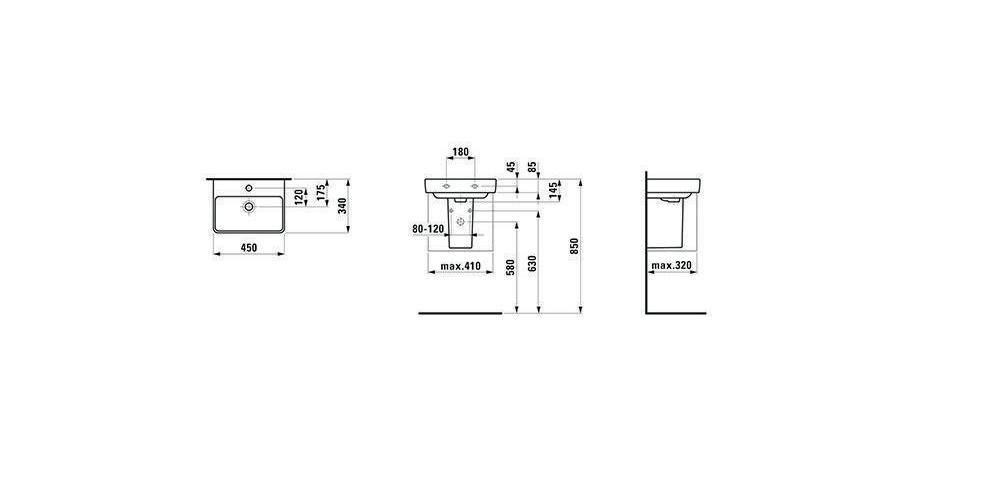 LAUFEN Handwaschbecken PRO S Spezialausf 450x340mm o ÜL o HL weiß