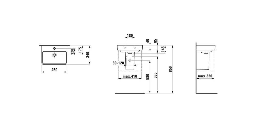 LAUFEN Handwaschbecken PRO S Spezialausf 450x340mm o ÜL o HL weiß