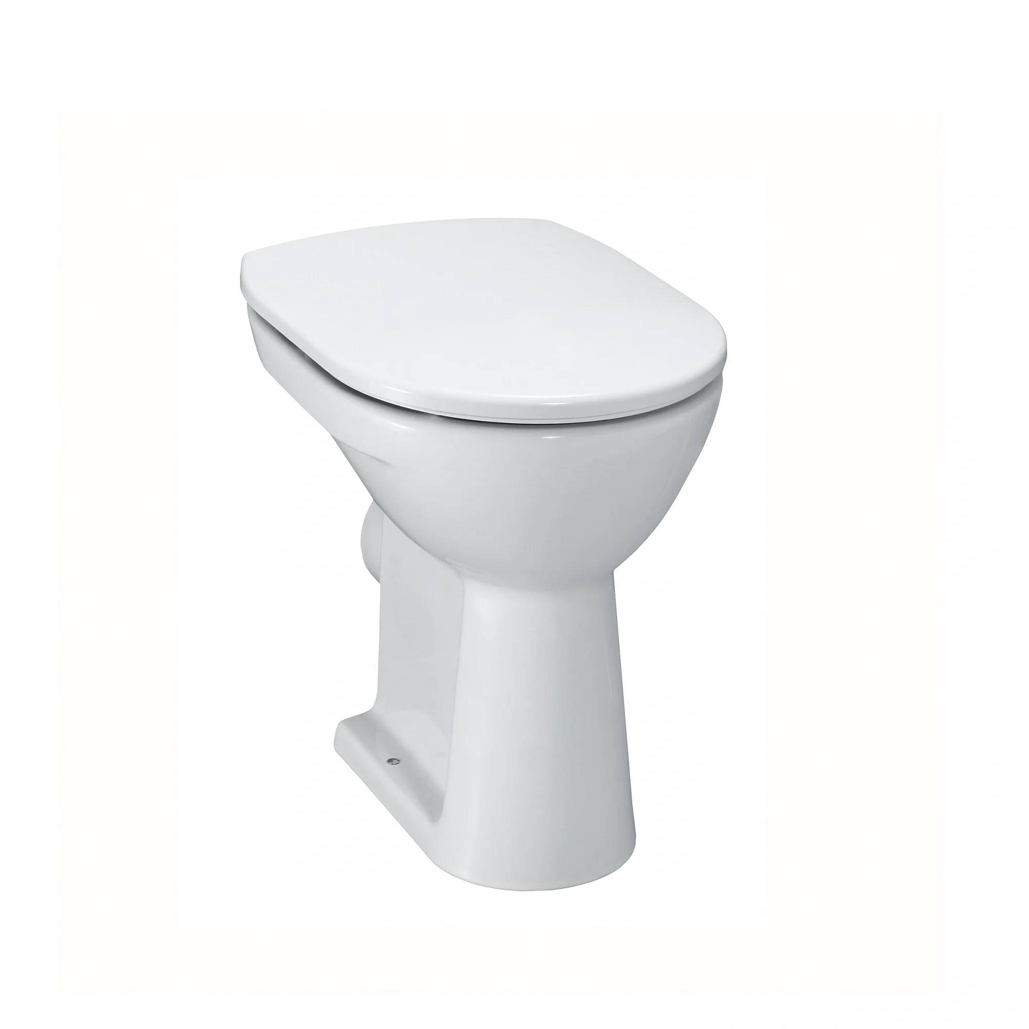 Weiße Keramik-Toilette mit Deckel, isoliert vor einem einfachen Hintergrund dargestellt.