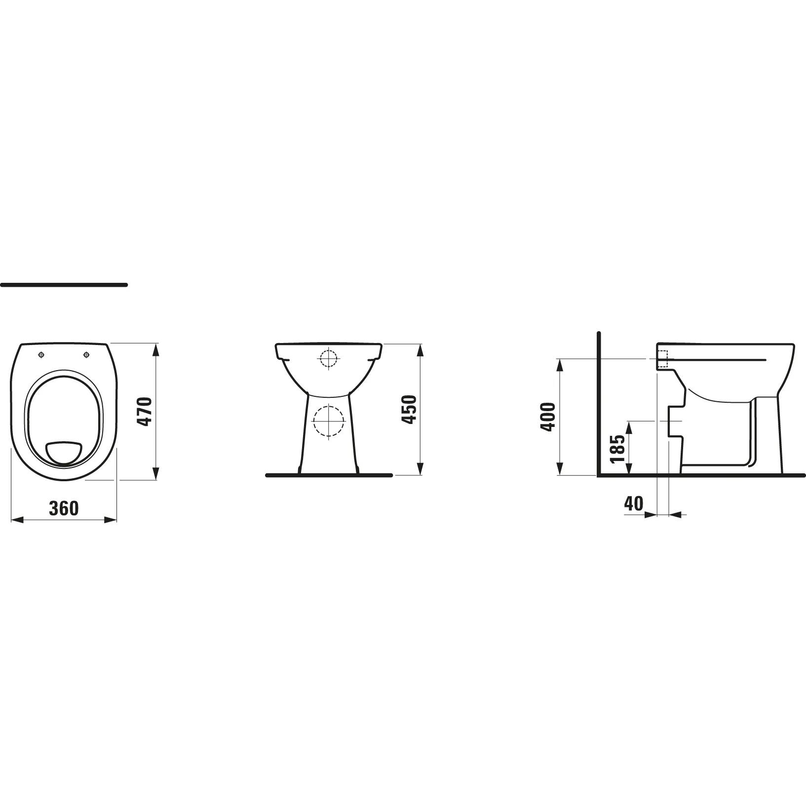 Technische Zeichnung einer Toilette mit Front-, Seiten- und Vorderansicht mit Abmessungen: 360 mm breit, 470 mm tief, 450 mm hoch, mit Installationsmessungen von 400 mm und 185 mm.