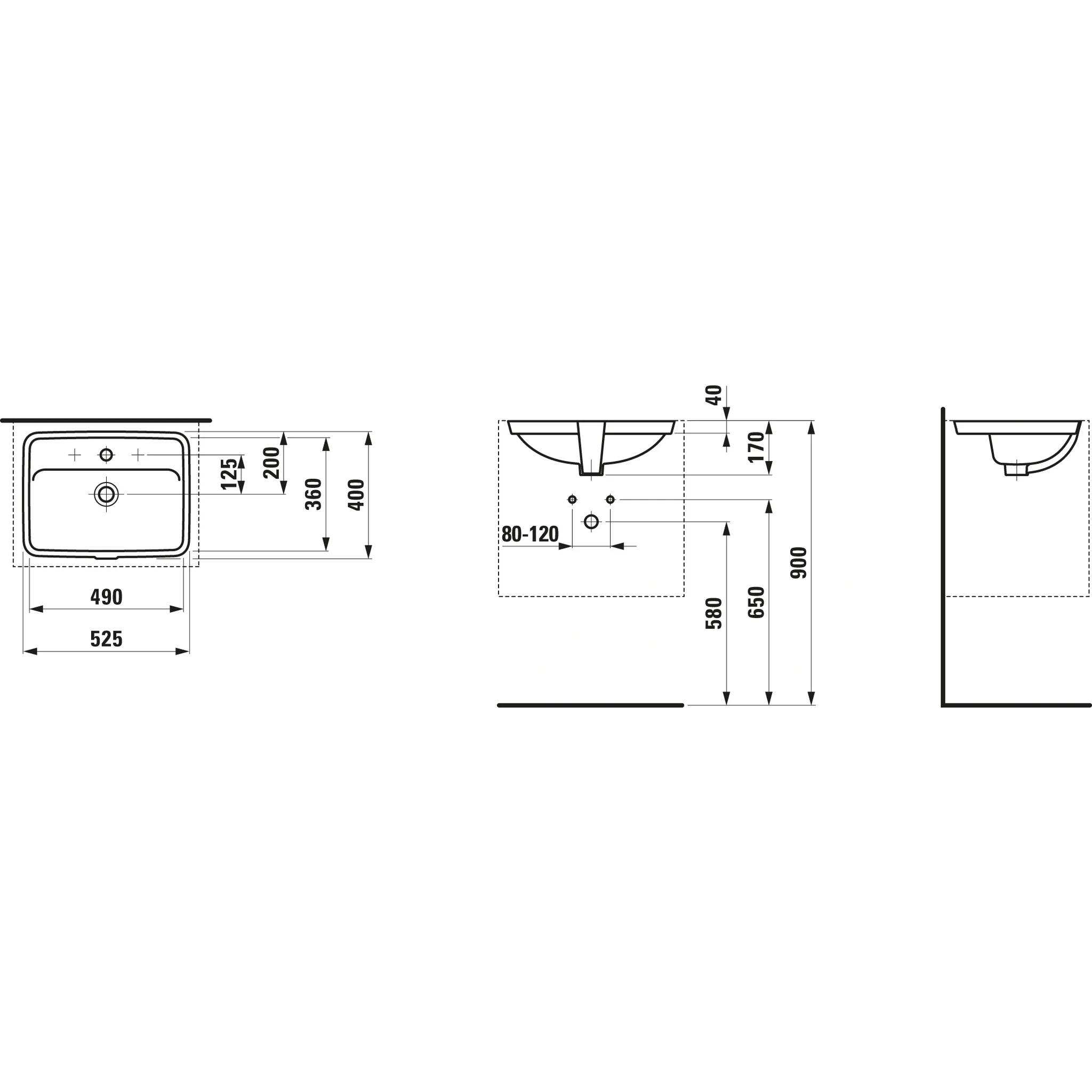 Technische Zeichnung eines Badezimmerwaschtischs und Wandmontage-Seitenansichten mit Abmessungen, zeigt Breite 525 mm, Tiefe 490 mm und Höhenmessungen.