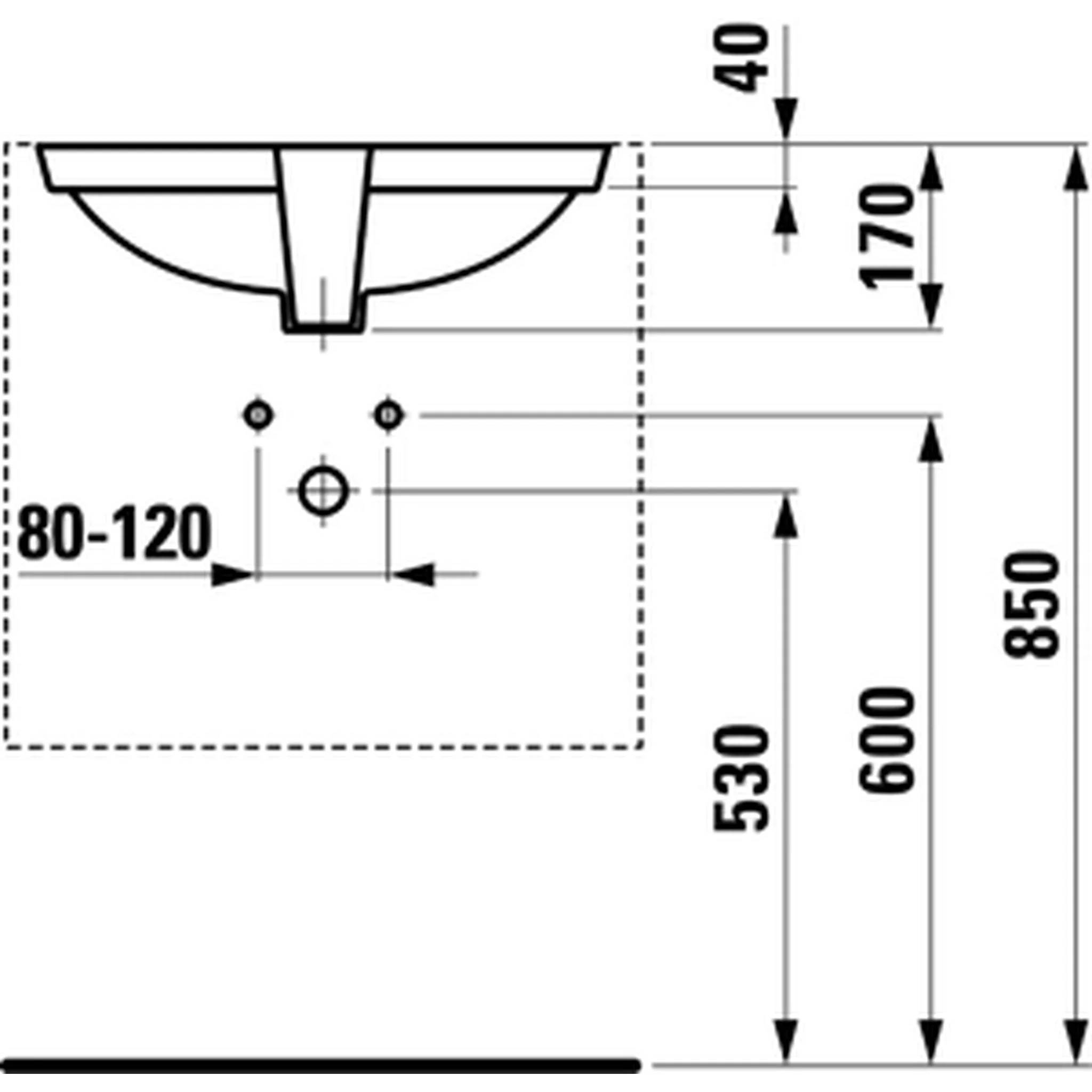 Technisches Installationsdiagramm eines wandmontierten Waschbeckens mit Seitenansicht und Montagemaßen, einschließlich 80-120 mm Abstand, 530 mm, 600 mm, 850 mm, 170 mm und 40 mm.