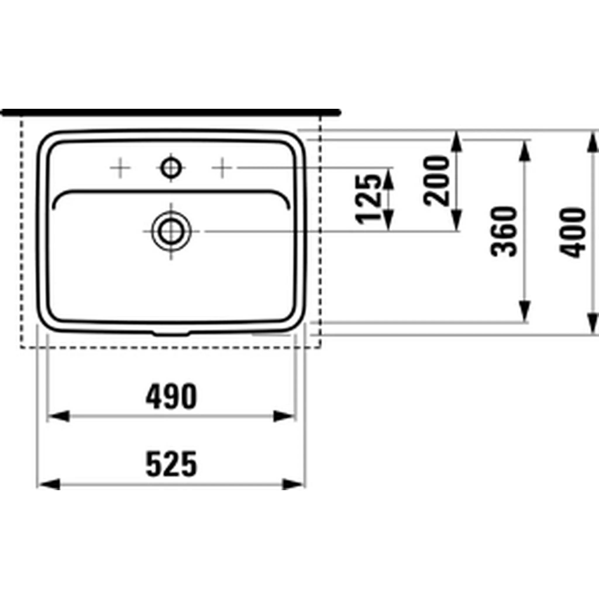 Technische Zeichnung eines rechteckigen Spülbeckens mit abgerundeten Ecken und Ablöchern, zeigt Abmessungen von 525 mm Breite, 400 mm Tiefe, 360 mm Beckentiefe und 490 mm innere Breite.