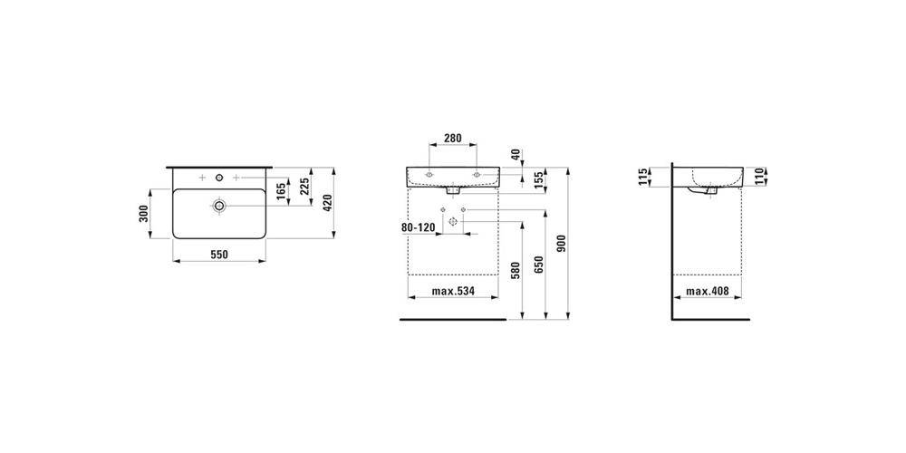 LAUFEN Waschtisch VAL 550x420mm m ÜL 1 HL-Ausf. weiß