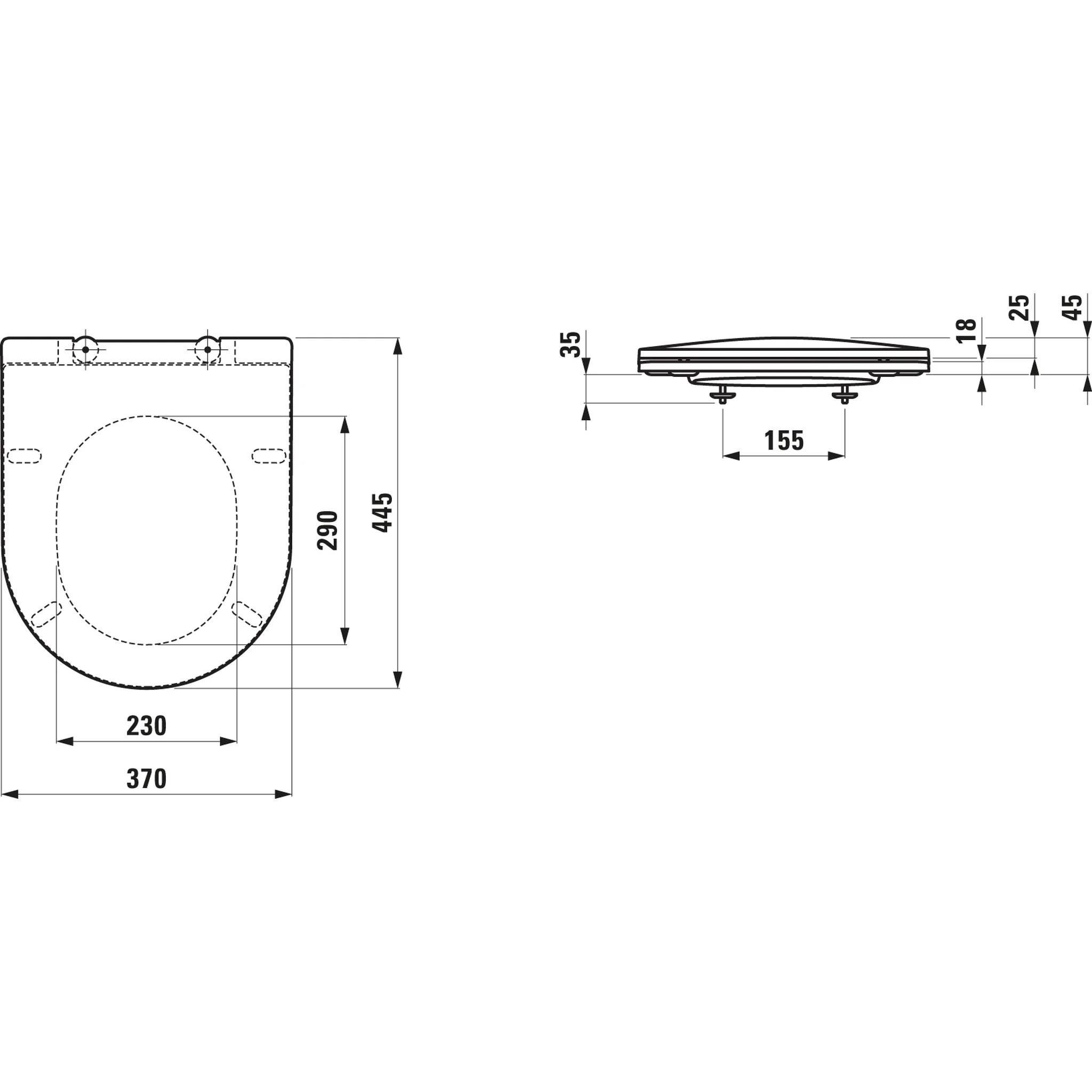 Technische Zeichnung eines Toilettensitzes mit angegebenen Abmessungen: 370 x 445 mm Draufsicht und Seitenprofilmessungen einschließlich 35, 155, 18, 25 und 45 mm.