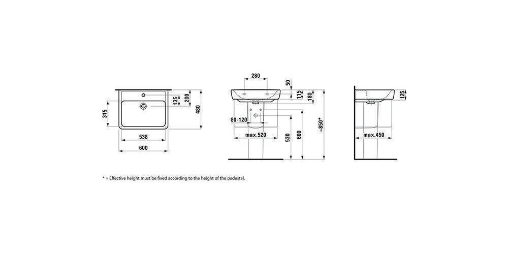 LAUFEN Waschtisch PRO A m Überlauf ohne Hahnloch 600x480mm weiß