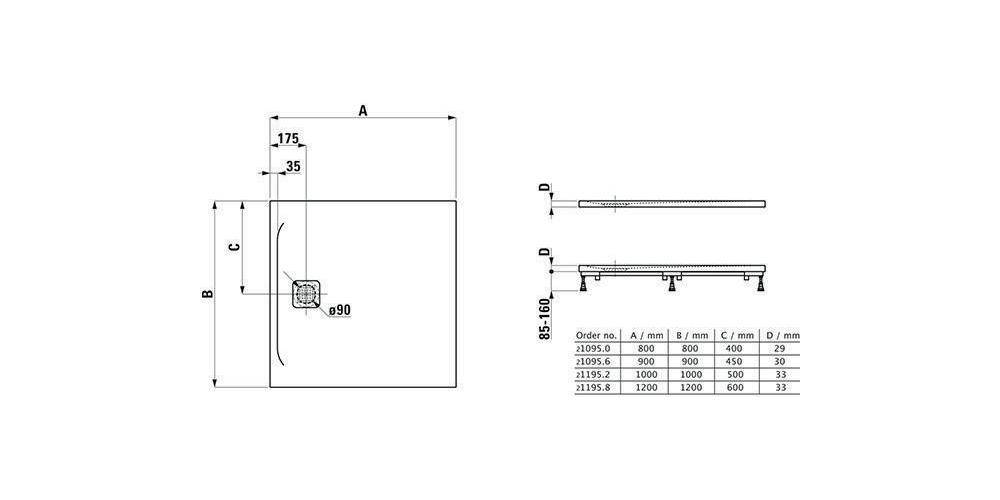 LAUFEN Duschwanne PRO quadrat. Abl seitl 900x900x30mm we matt