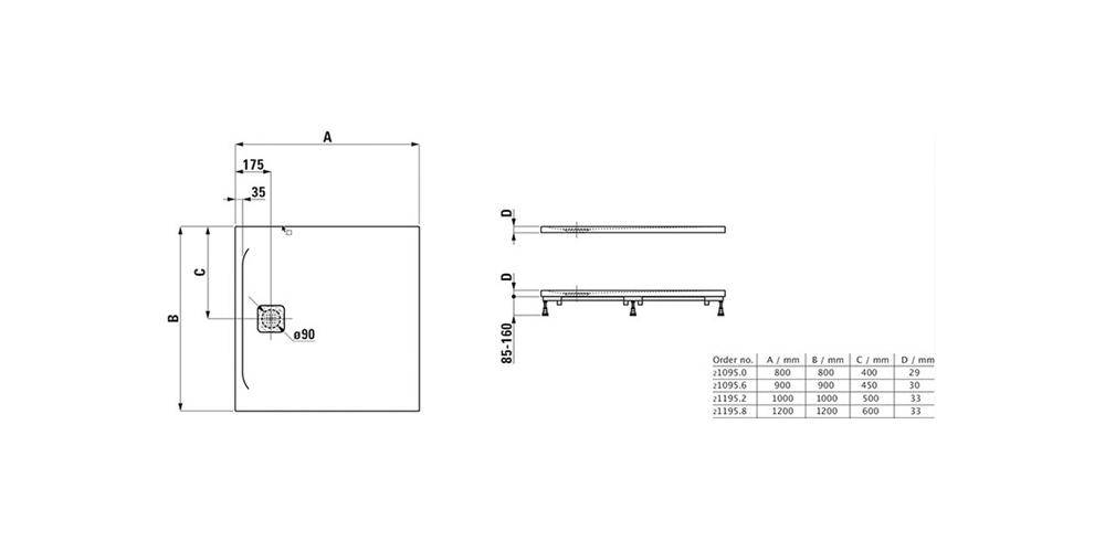 LAUFEN Duschwanne PRO quadrat. Abl seitl 900x900x30mm we matt