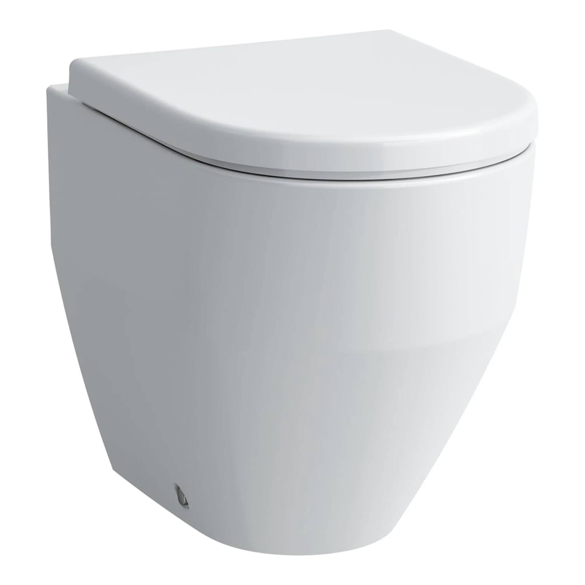 Weiße moderne hängende Toilette mit geschlossenem Sitz, gezeigt vor einfachem Hintergrund.
