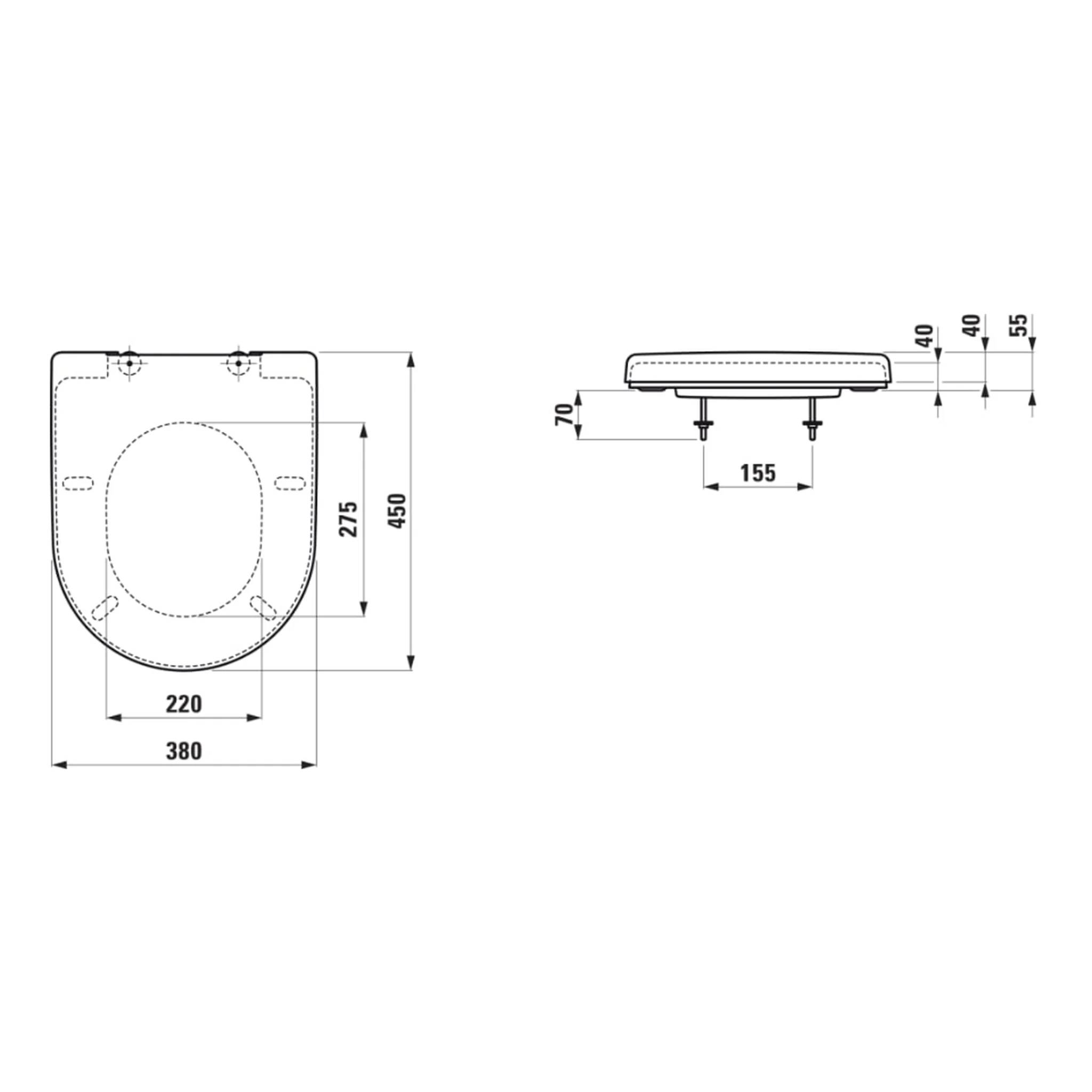 Technische Maßstabzeichnung eines Toilettensitzes mit Draufsicht und Seitenansicht mit Abmessungen von 380, 450, 275, 220, 155, 70, 40 und 55 mm.