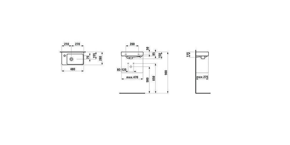 LAUFEN Handwaschbecken PRO S 480x280mm asym li m ÜL 1 HL-Ausf. weiß