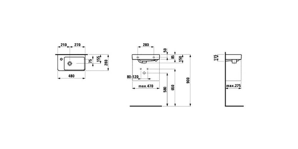 LAUFEN Handwaschbecken PRO S 480x280mm asym li m ÜL 1 HL-Ausf. weiß