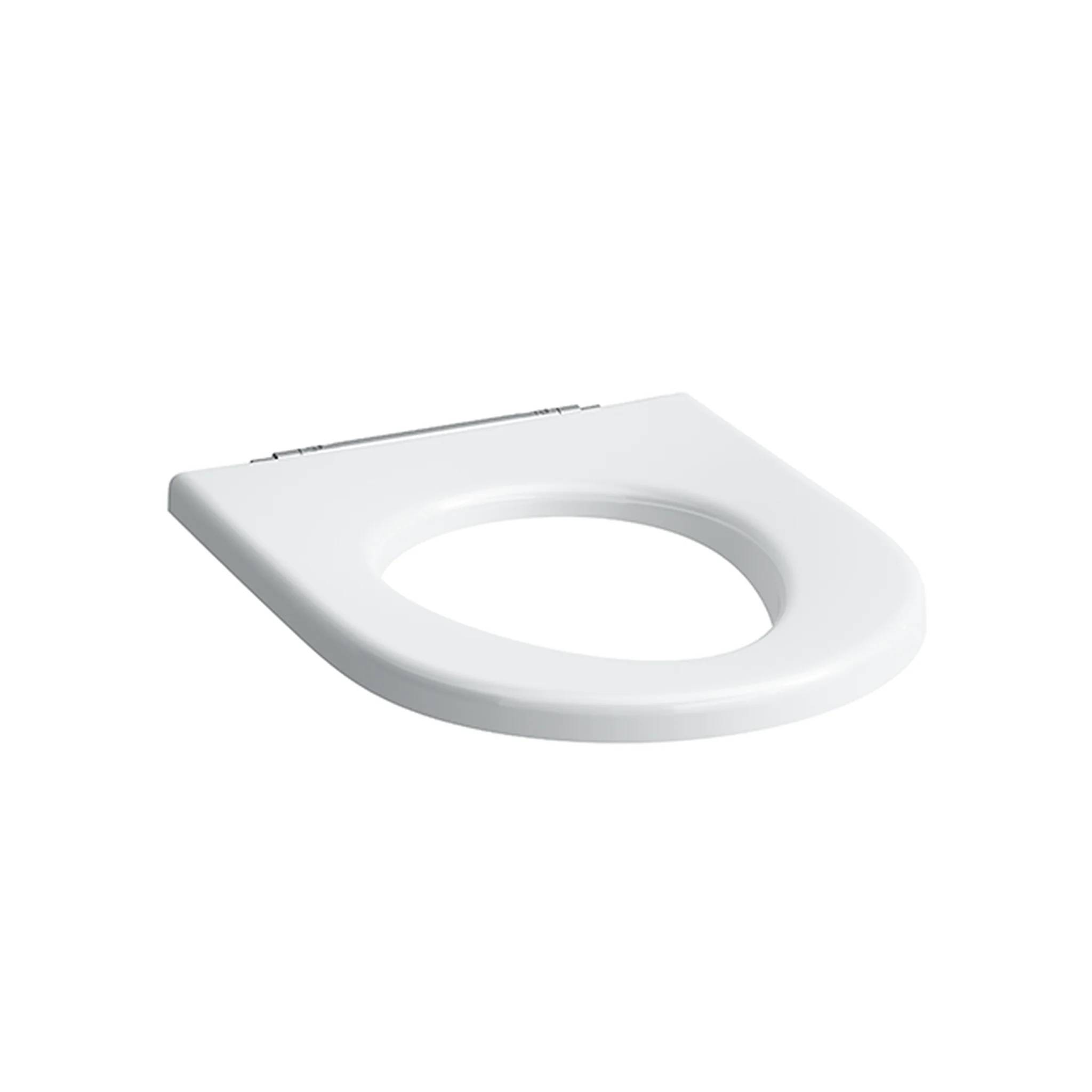 Weiße ovale Toilettensitzdeckel auf einfachem weißem Hintergrund, leicht perspektivisch dargestellt.