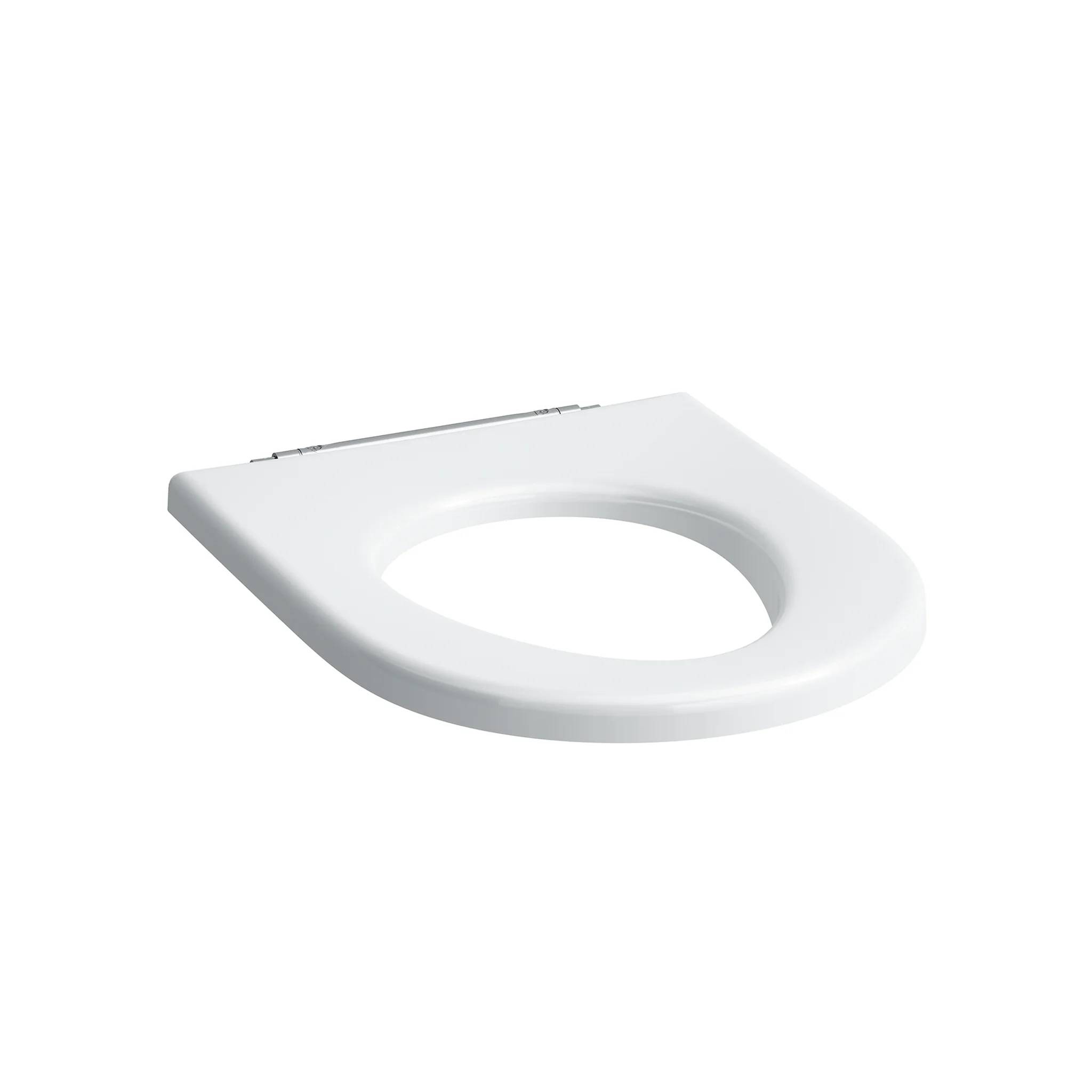 Weißer Toilettensitzdeckel aus einem Winkel auf einfachem weißem Hintergrund betrachtet.