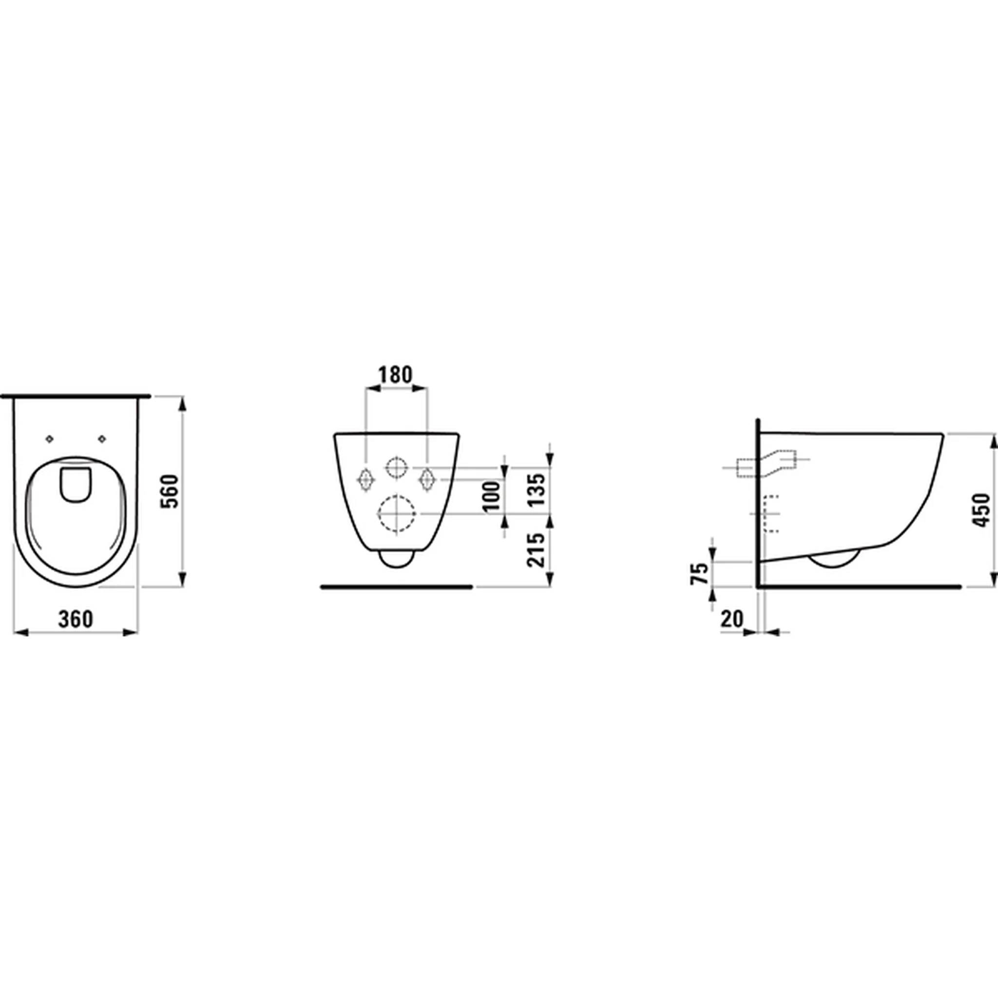Technische Zeichnung einer Wandhängetoilette mit Vorder-, Draufsicht und Seitenansicht mit den Abmessungen 360 x 560 mm und einer Höhe von 450 mm.
