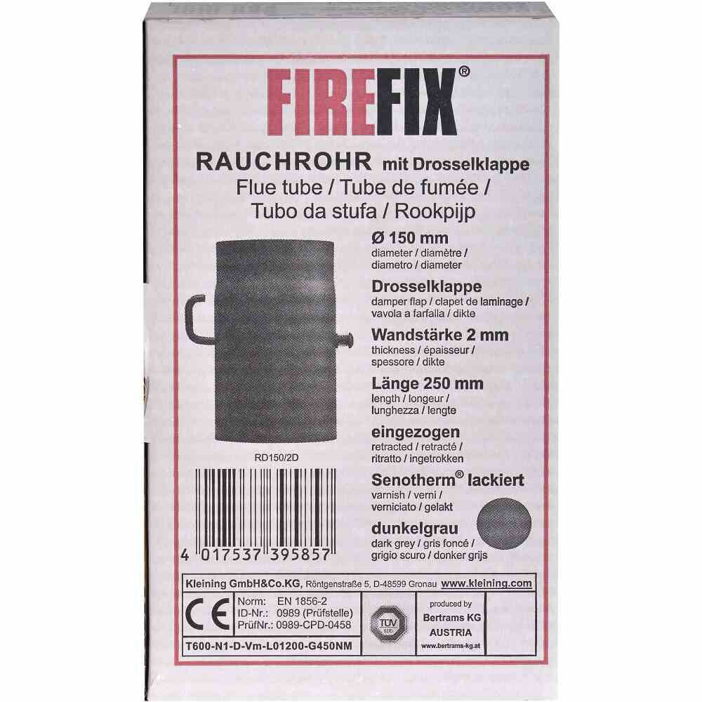 FIREFIX RD150/2D Ofenrohr 250mm,Ø150mm,gr mit Regulierklappe, grau, grau