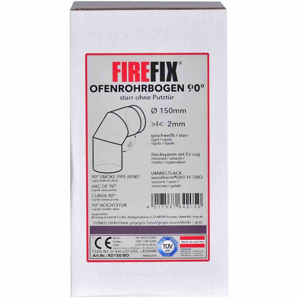 FIREFIX RD150/BO Ofenrohrbog.90°, Ø150mm, grau fest ohne Tür, schwarz (1 Stück)