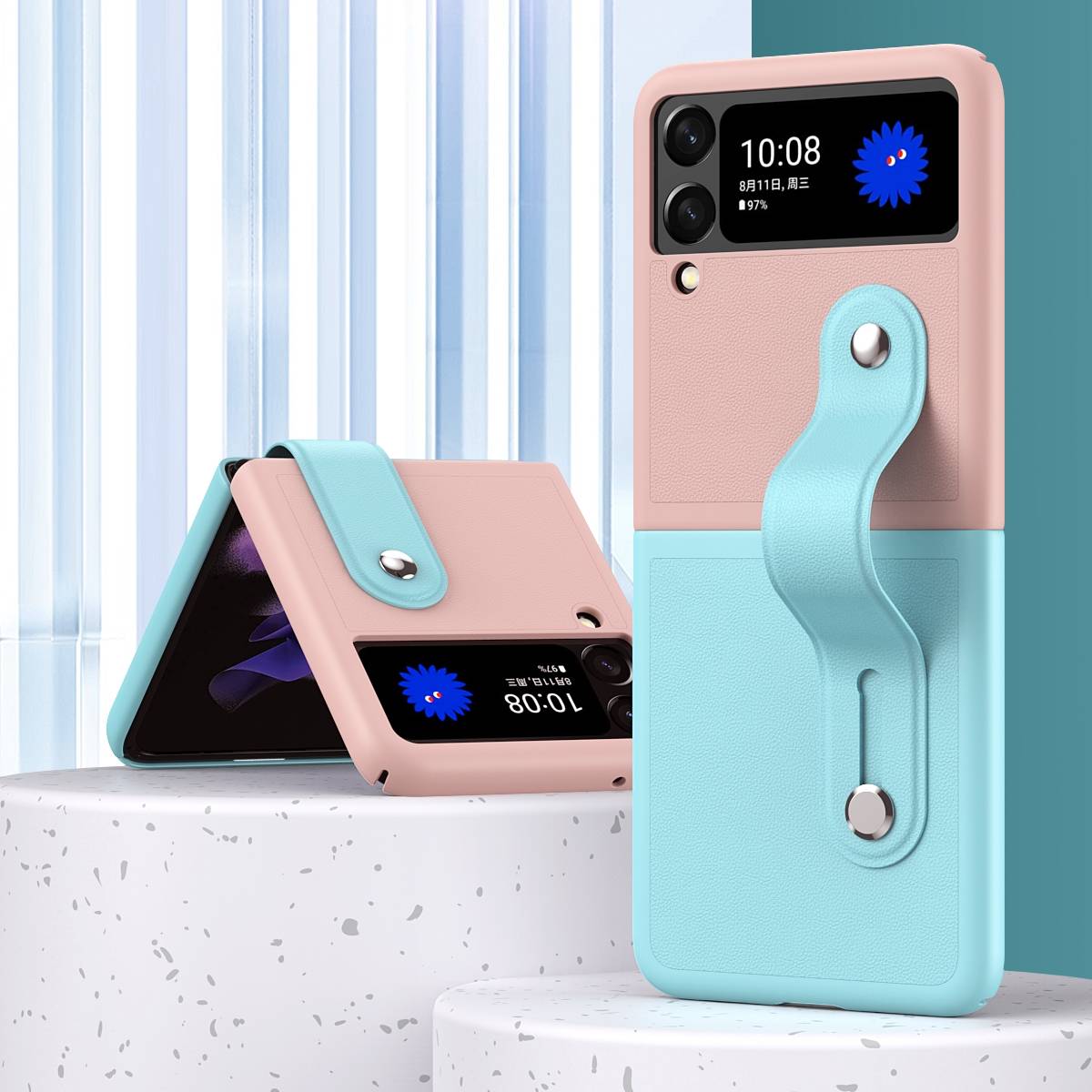 Für Samsung Galaxy Z Flip3 5G Vollschutz Kunststoff Hart Cover Handy Tasche Hülle Etuis Dunkel Blau / Hell Blau