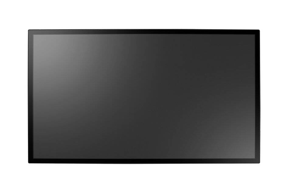 Ein leerer Flachbildschirm mit dunkelgrauem Display und schwarzem Rahmen auf weißem Hintergrund.