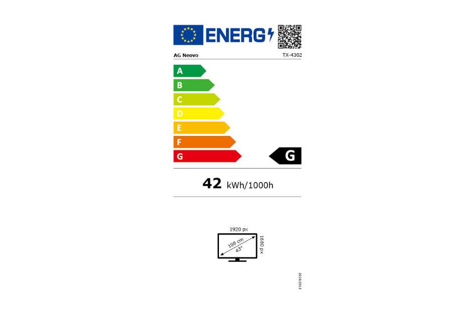 EU-Energieetikett für einen Fernseher mit Effizienzklasse G, 42 kWh/1000h und 1920 px Auflösung/108 cm Bildschirmgröße.