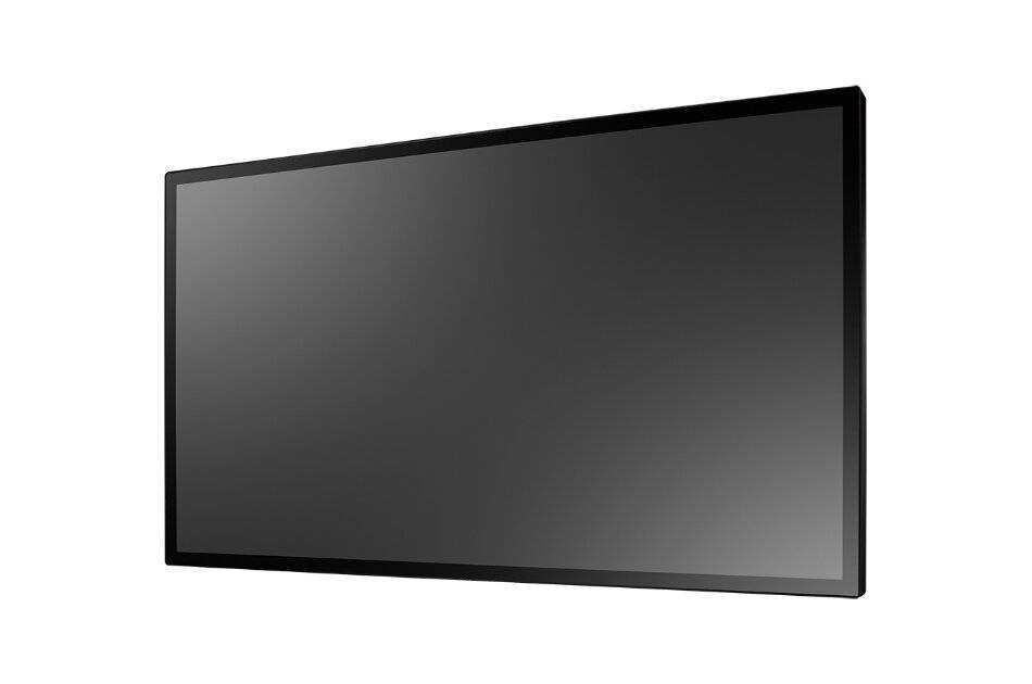 Großer leerer Flachbildfernseher oder Monitor in perspektivischer Ansicht auf weißem Hintergrund.
