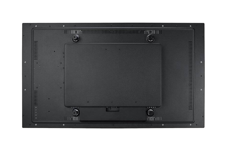 Rückansicht eines Flachbildmonitors oder Fernsehers mit zentralem Montagepanel und vier Schraubenbefestigungen.