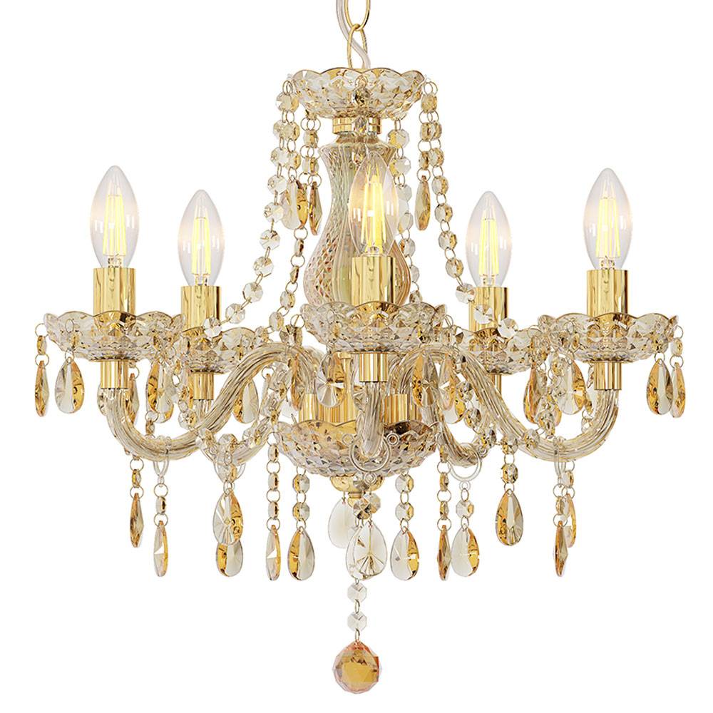 Kronleuchter Kristall gold Luster Hängeleuchte Lampe Lüster Esszimmerleuchte Wohnzimmer, 5 flammig, 5x E14 Fassungen, DxH 48x150 cm