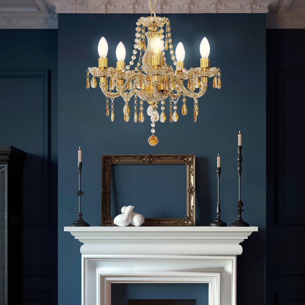 Kronleuchter Kristall gold Luster Hängeleuchte Lampe Lüster Esszimmerleuchte Wohnzimmer, 5 flammig, 5x E14 Fassungen, DxH 48x150 cm