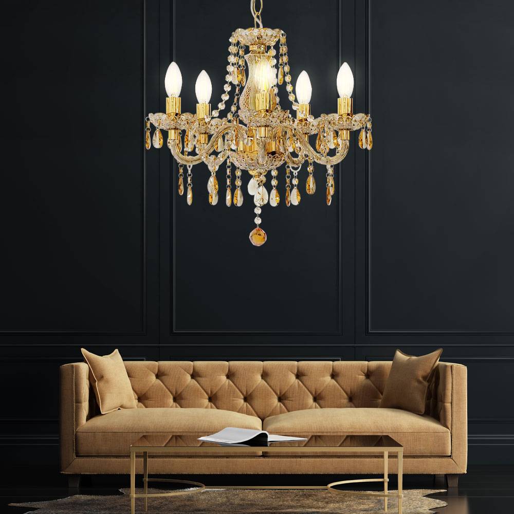 Kronleuchter Kristall gold Luster Hängeleuchte Lampe Lüster Esszimmerleuchte Wohnzimmer, 5 flammig, 5x E14 Fassungen, DxH 48x150 cm