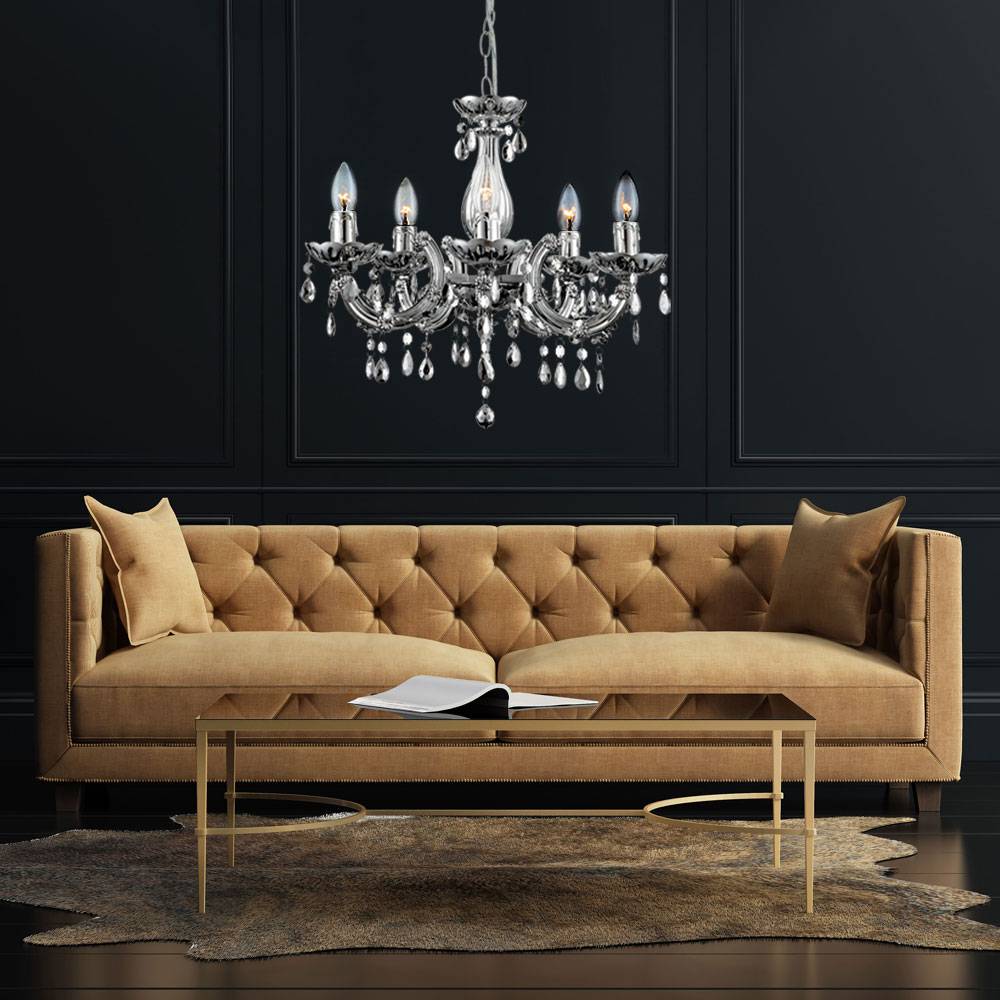 Kronleuchter Kristall Hängeleuchte 5-flammig Pendelleuchte Wohnzimmer, Chrom Acryldekor, 5x E14, DxH 44x128 cm