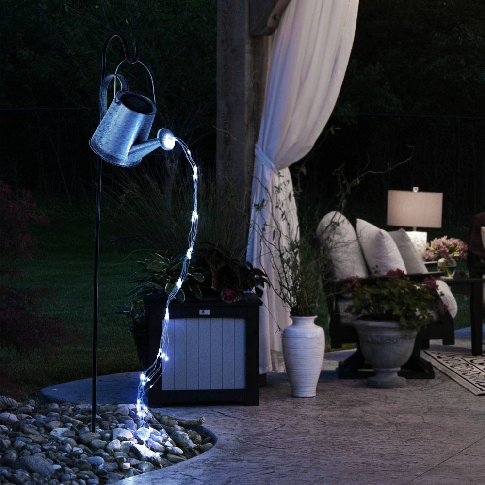Solar Steckleuchte Gießkanne Außen Gartenlampe im Gießkannen Design Stecklampe silber-grau, 80x LED neutralweiß, LxBxH 30x17x112cm, Garten Balkon