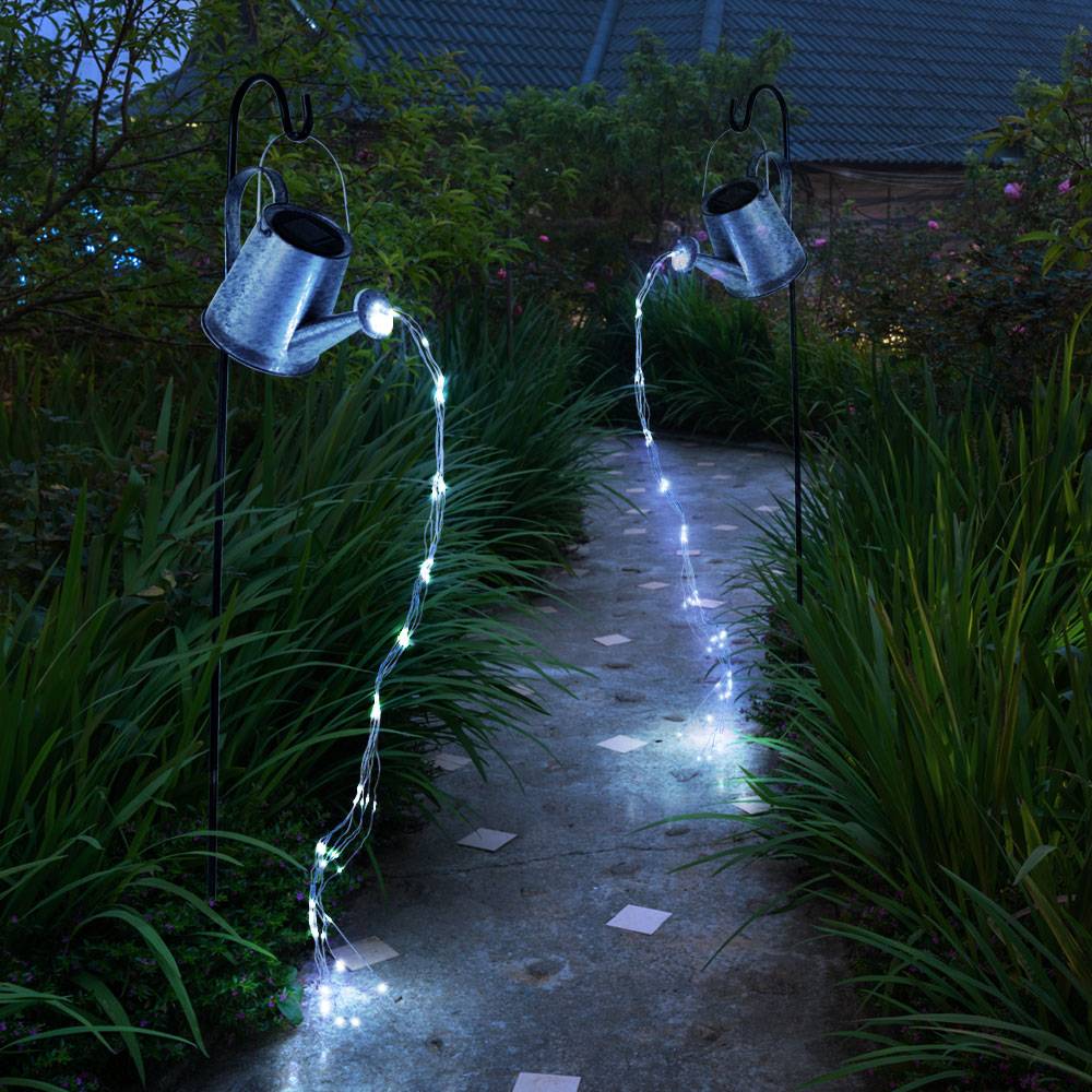 Solar Steckleuchte Gießkanne Außen Gartenlampe im Gießkannen Design Stecklampe silber-grau, 80x LED neutralweiß, LxBxH 30x17x112cm, Garten Balkon