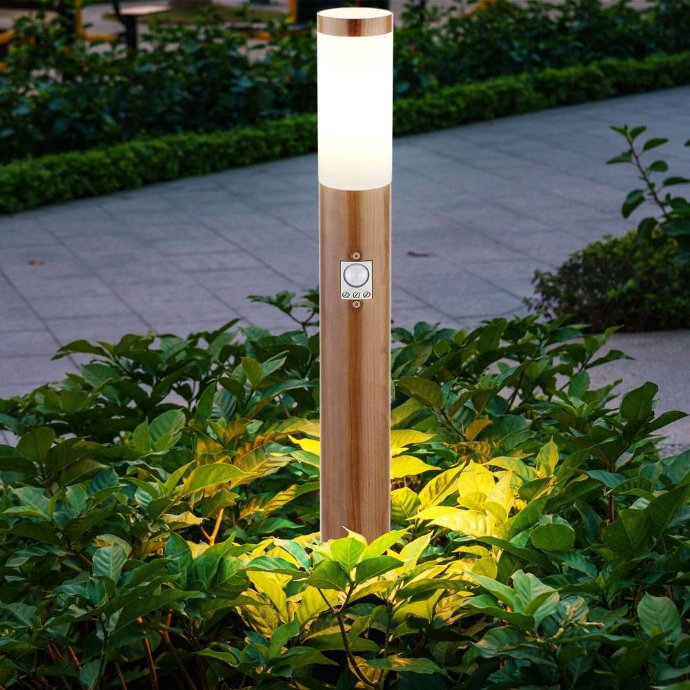 Pollerleuchte mit Bewegungsmelder Außenlampe Standleuchte Gartenlampe Holzoptik, Wetterfest, Edelstahl braun, 1x E27 Fassung, DxH 12,7x110cm, 2er