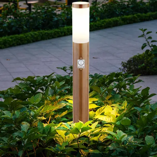 Pollerleuchte mit Bewegungsmelder Außenlampe Standleuchte IP44 Gartenlampe Holzoptik, Wetterfest, modern, Edelstahl opal braun, 1x E27 Fassung, DxH Pollerleuchte mit Bewegungsmelder Außenlampe Standleuchte IP44 Gartenlampe Holzoptik, Wetterfest, modern, Edelstahl opal braun, 1x E27 Fassung, DxH