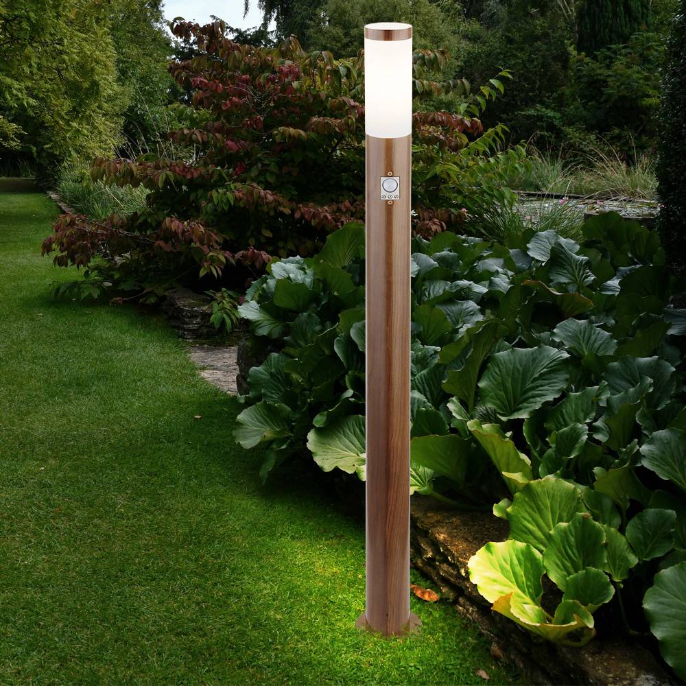 Pollerleuchte mit Bewegungsmelder Außenlampe Standleuchte IP44 Gartenlampe Holzoptik, Wetterfest, modern, Edelstahl opal braun, 1x E27 Fassung, DxH