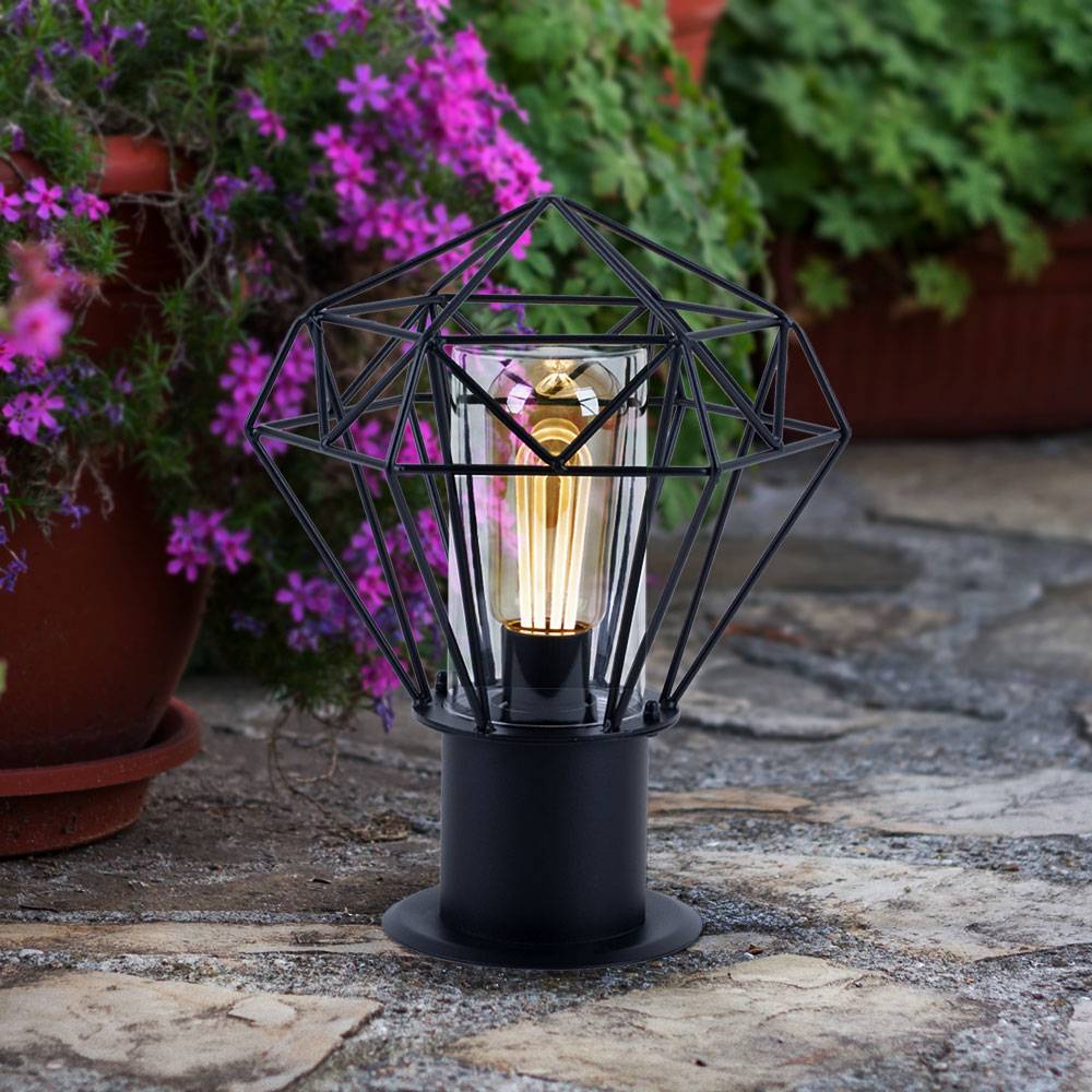 Sockelleuchte Außen Standleuchte Garten schwarz Außenstehleuchte Edelstahl, Industrial Design Gitterschirm, 1x E27, LxH 22,5 x 31,5 cm